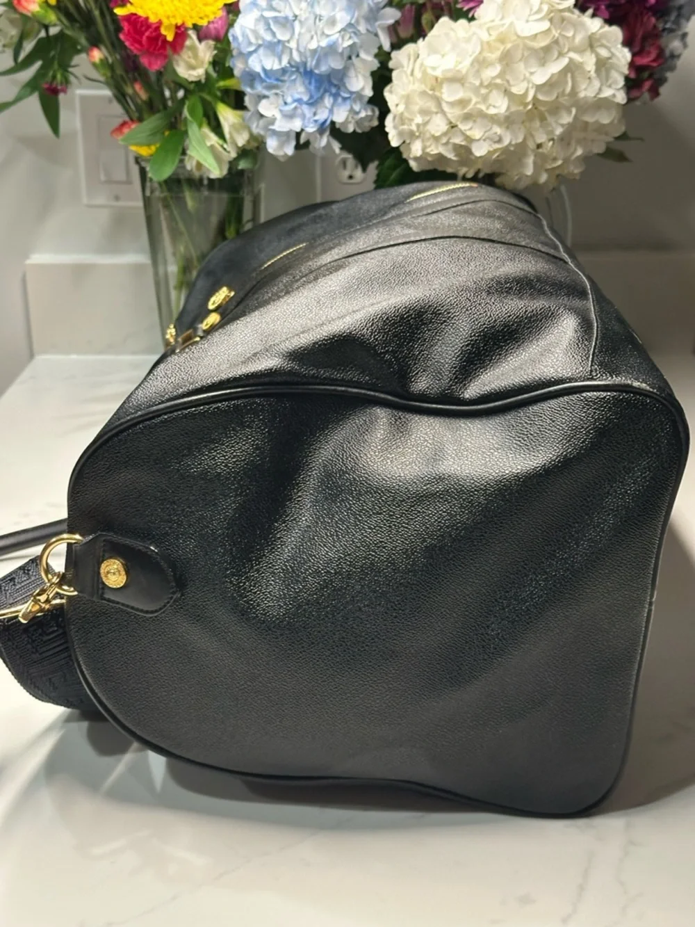 Versace Unisex Black Leather Duffel with Gold Medallion